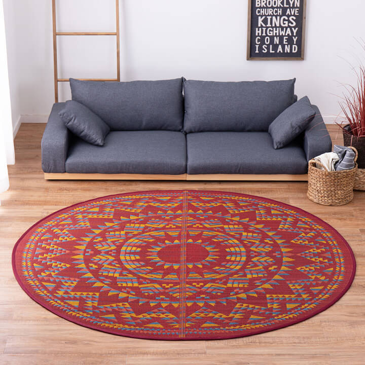 い草ラグ ござ アステカ （おしゃれなアステカ柄の円形ラグ 夏用ラグ